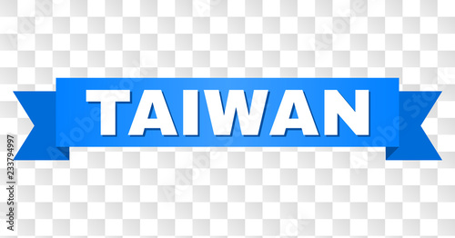 TAIWAN text on a ribbon. Designed with white caption and blue tape. Vector banner with TAIWAN tag on a transparent background.