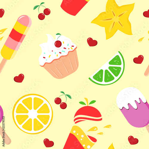 Seamless pattern with ice cream  cap cake  lemon and lime slices  cannon  fresh. Vector background for cafe  restaurant menu  wrapping paper  banner design. Creative summer wallpaper.