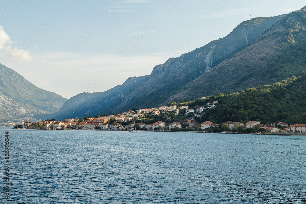 The city on the beach in the Bay of Kotor in Montenegro