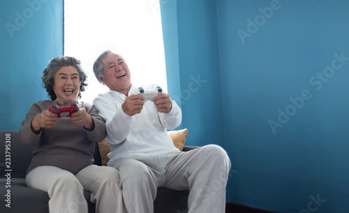 Joyful Asian Senior couple playing games with joysticks.