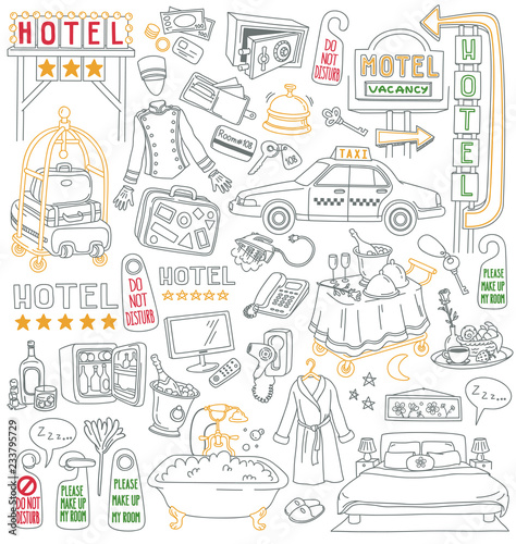 Hotel doodle set. Services and facilities - bedroom, bathroom, room service, breakfast, bellboy, mini bar, hair dryer, luggage cart. Hand drawn vector illustration isolated on white background