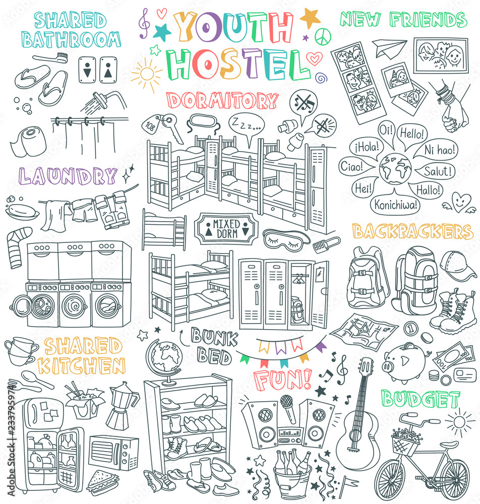 Hostel doodles set. Budget hotel for backpackers - dormitory room, bunk bed, shared bathroom. Words around the globe means 