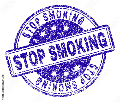 STOP SMOKING stamp seal imprint with distress texture. Designed with rounded rectangles and circles. Blue vector rubber print of STOP SMOKING tag with unclean texture.