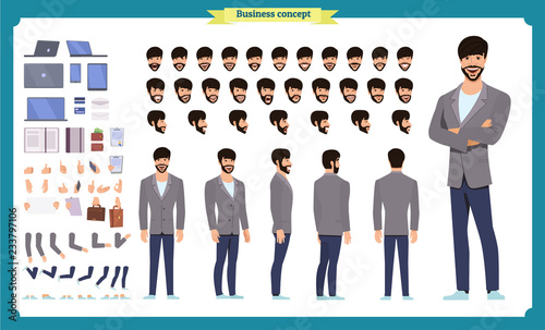 Front, side, back view animated character. Manager character creation set with various views, hairstyles, face emotions, poses and gestures. Cartoon style, flat vector illustration.People