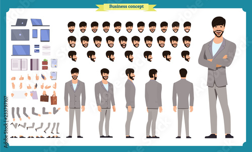 Front, side, back view animated character. Manager character creation set with various views, hairstyles, face emotions, poses and gestures. Cartoon style, flat vector illustration.People