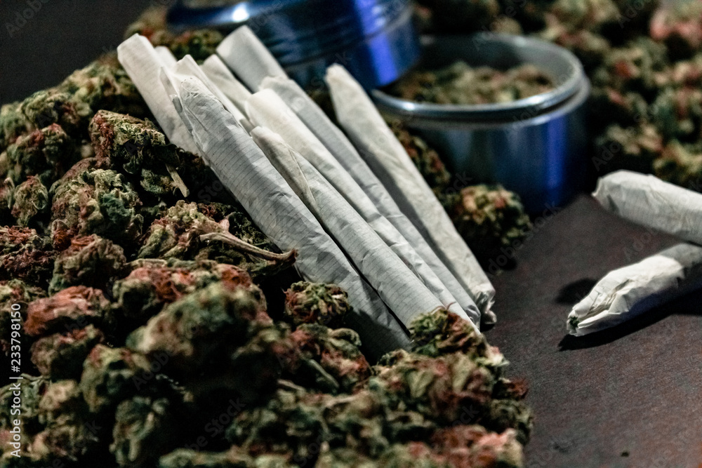 Marijuana joints surrounded by a large pile of bud and a bud grinder.