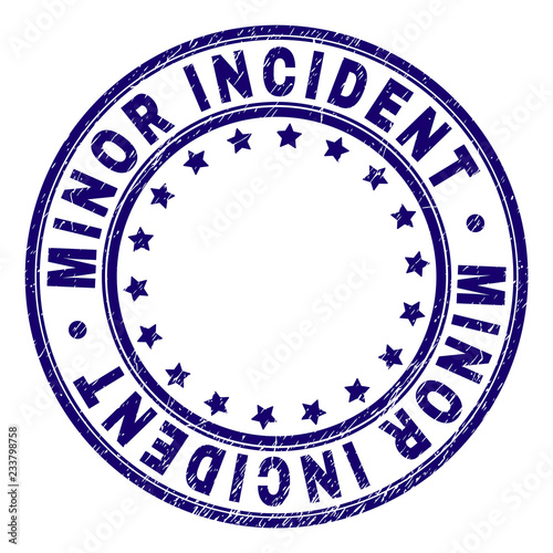 MINOR INCIDENT stamp seal watermark with grunge texture. Designed with circles and stars. Blue vector rubber print of MINOR INCIDENT title with grunge texture.