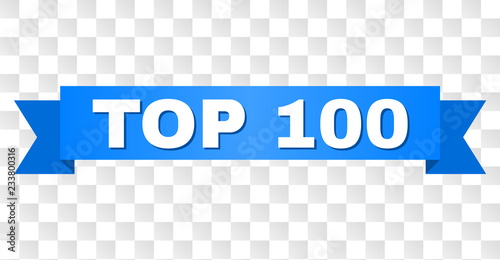 TOP 100 text on a ribbon. Designed with white title and blue tape. Vector banner with TOP 100 tag on a transparent background.