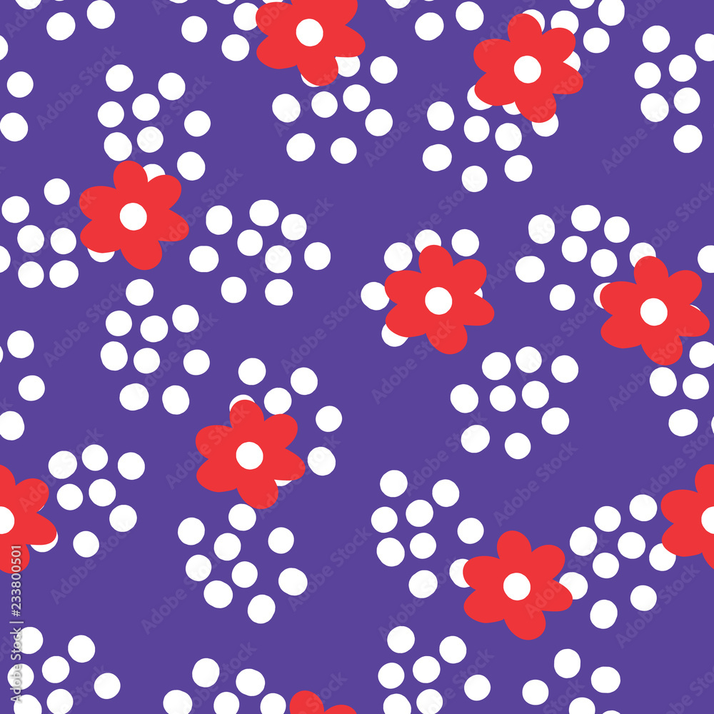 Flat colour Red flowers, polka dot, seamless patern background