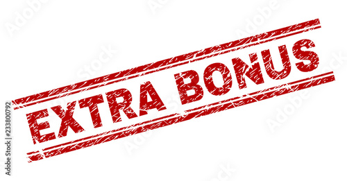 EXTRA BONUS seal print with grunge effect. Red vector rubber print of EXTRA BONUS caption with grunge texture. Text caption is placed between double parallel lines.