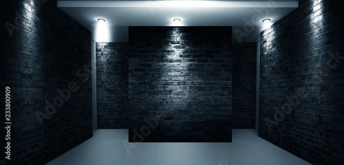 Fototapeta Naklejka Na Ścianę i Meble -  A narrow empty corridor, an old brick wall, smoke, neon lights and lamps. Night view. Background of an empty show scene. 3D rendering