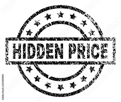 HIDDEN PRICE stamp seal watermark with distress style. Designed with rectangle, circles and stars. Black vector rubber print of HIDDEN PRICE tag with unclean texture.