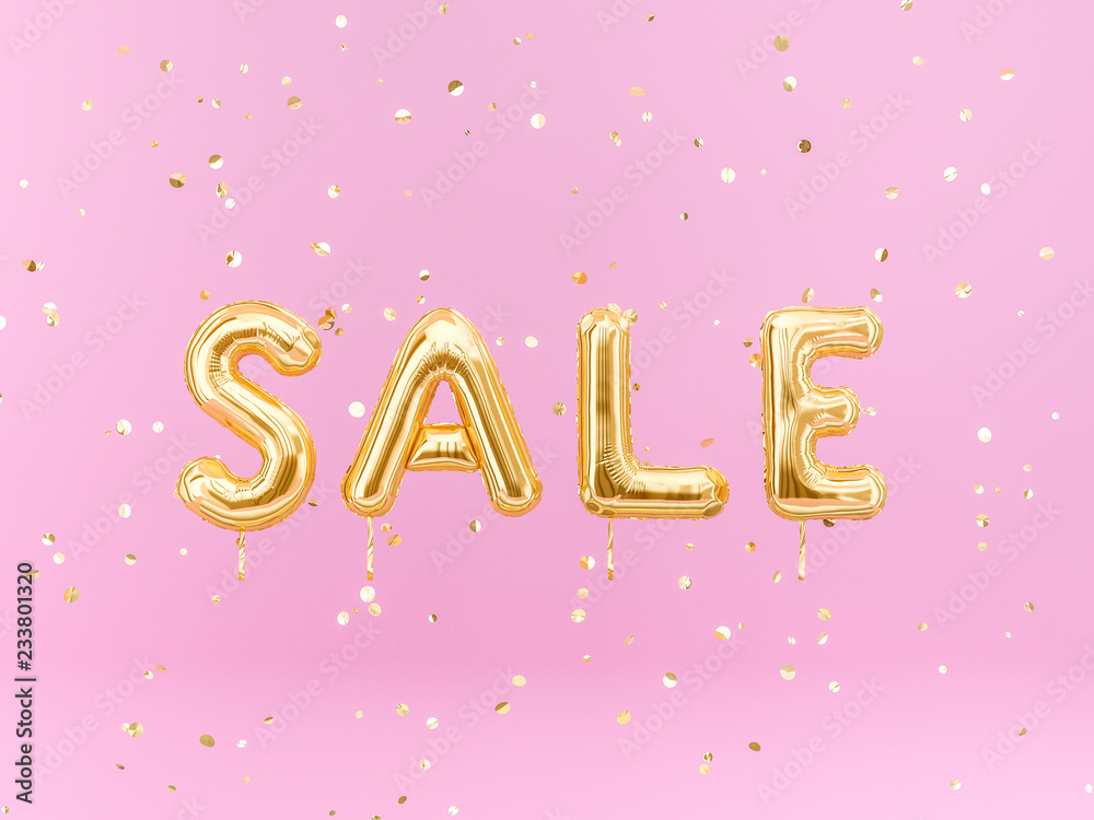 Sale balloon golden text on pink background, discount girly banner, 3d rendering