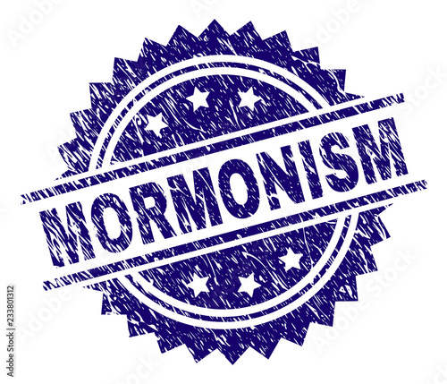 MORMONISM stamp seal watermark with distress style. Blue vector rubber print of MORMONISM text with unclean texture.