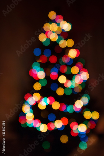 Obraz na plátne Christmas background, Christmas tree in the defocused lights