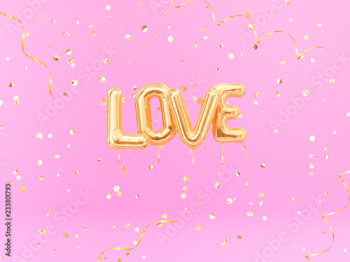 Love word gold inflatable letters on pink background, 3d rendering