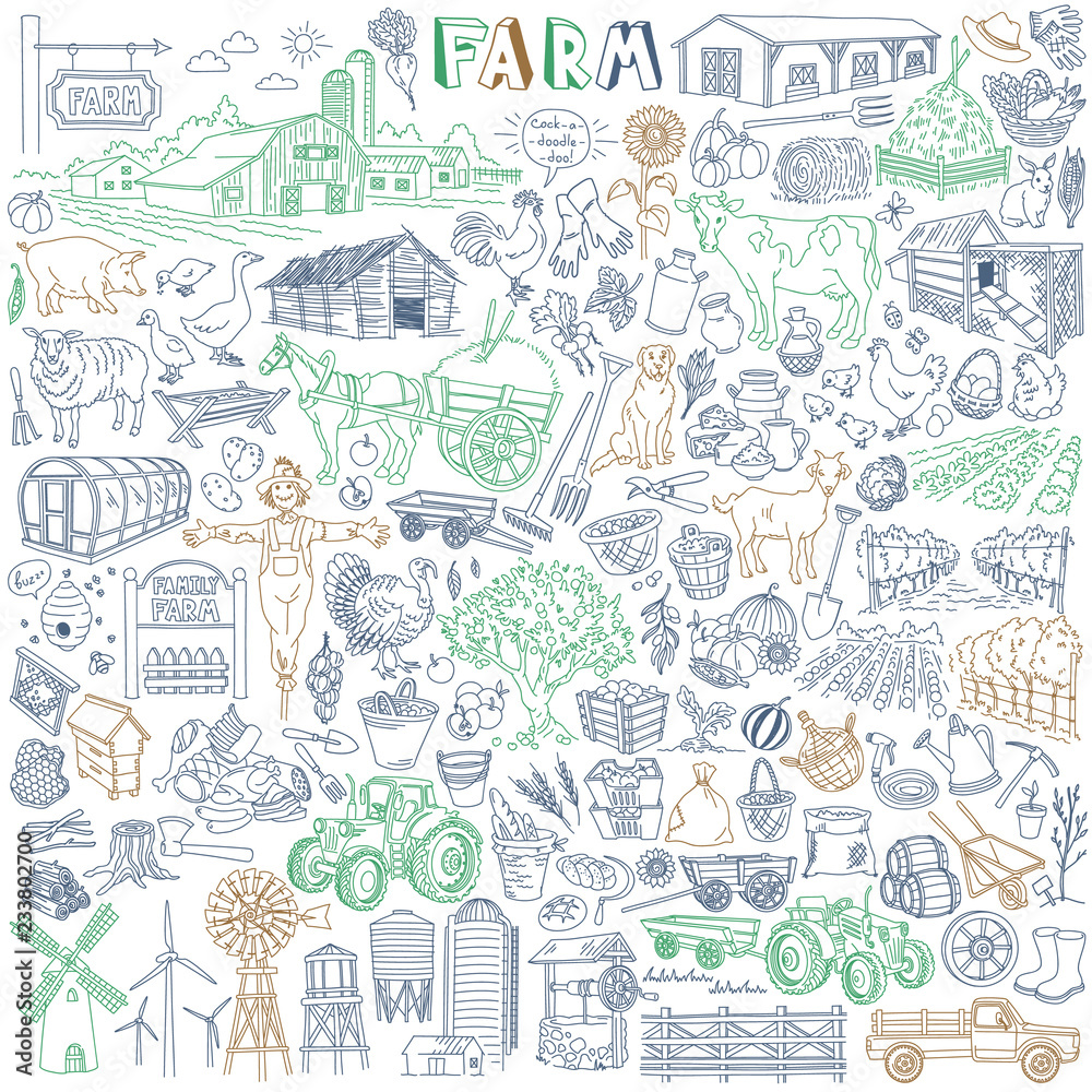 Farm hand drawn vector doodle set. Dairy, poultry, meat, fruits and vegetables, market garden, plantation, village, countryside. Agricultural buildings, animals, domestic birds, cars and equipment. 