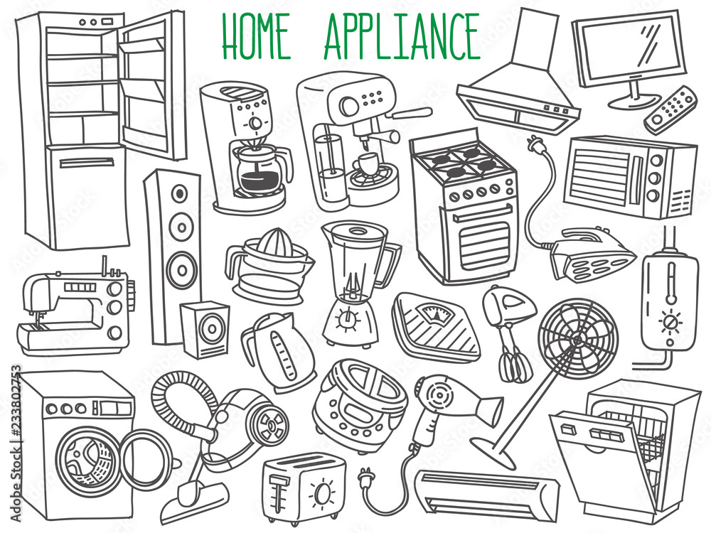 Home appliances doodles set. Household equipment and facilities - major and small appliances, consumer electronics, kitchenware. Hand drawn vector illustration isolated on white background Home appliances doodles set. Household equipment and facilities - major and small appliances, consumer electronics, kitchenware. Hand drawn vector illustration isolated on white background