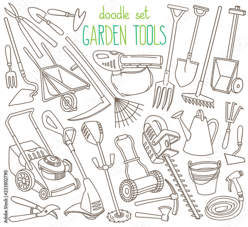 Garden tools doodle set. Equipment and facilities for gardening, farming, agriculture and horticulture. Hand tools and power tools. Hand drawn vector illustration isolated on white background