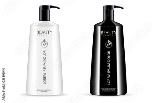 Black and white cosmetic pump dispenser bottles set for shower gel, liquid soap, conditioner. Luxury product design packaging. Vector cosmetics mockup illustration.