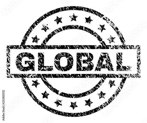 GLOBAL stamp seal watermark with distress style. Designed with rectangle, circles and stars. Black vector rubber print of GLOBAL title with unclean texture.