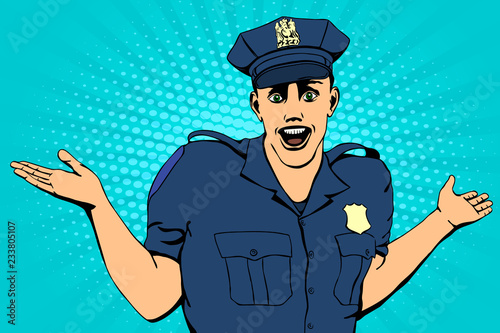 Policeman confused. Retro style pop art. Vector illustration