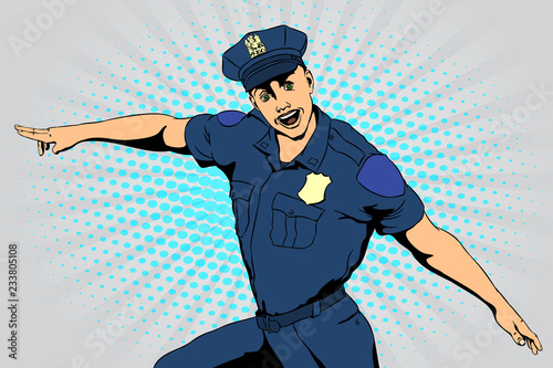 Policeman dancing. Retro style pop art. Vector illustration