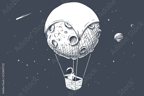 astronaut travels by on aerostat made of Moon