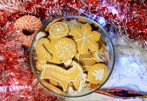  Christmas gingerbread cookie cane, snowflake in bowl with glaze garland and lightining photo