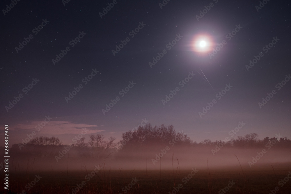 Naklejka premium Beautiful night view nature landscape with stars and fog environment in the countryside. Braunschweig, Germany