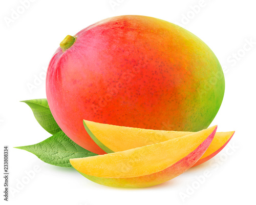 Isolated mango. One whole mango fruit with leaves isolated on white background with clipping path