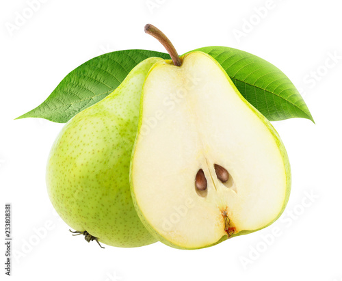 Isolated pears. One and a half green yellow pear fruits on a branch isolated on white background with clipping path
