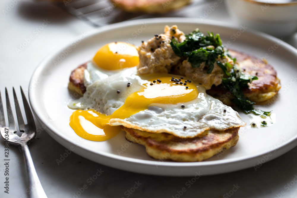 Close up of potato hotcakes served on plate Close up of potato hotcakes served on plate