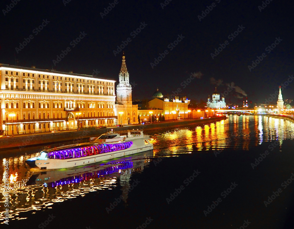 Passenger ship, view from the bridge to the Kremlin, Moscow River and Moscow. Panorama in the evening, Moscow, Russia