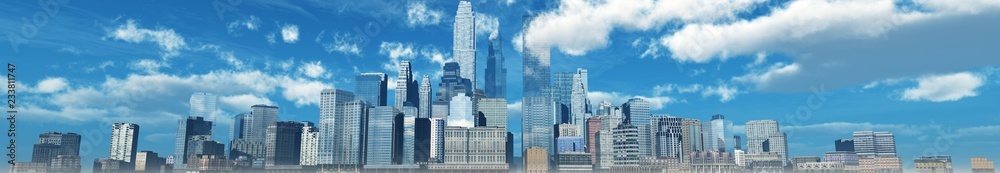 Naklejka premium nowoczesne miasto, panorama miasta na tle nieba z chmurami,