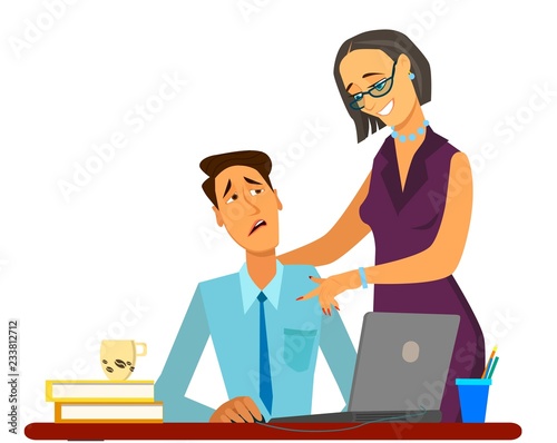 Sexual harassment at work. Man touching secretary's knee.