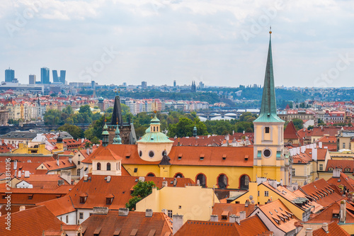 View over historic center of Prague with castle Prague city panorama, red roofs of Prague, Czech Republic