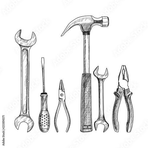 Black and white vector illustration. Drawn set of tools. Screwdriver, wrench, hammer, pliers