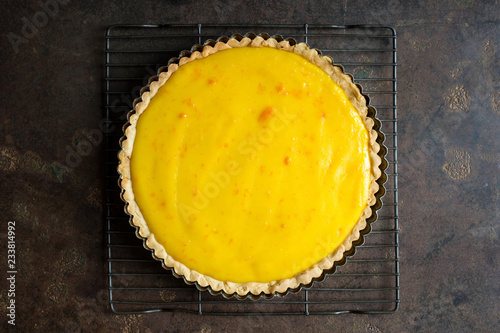 Overhead view of tangerine tart on cooling rack photo