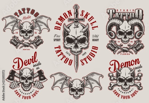 Vintage demon tattoo studio prints set