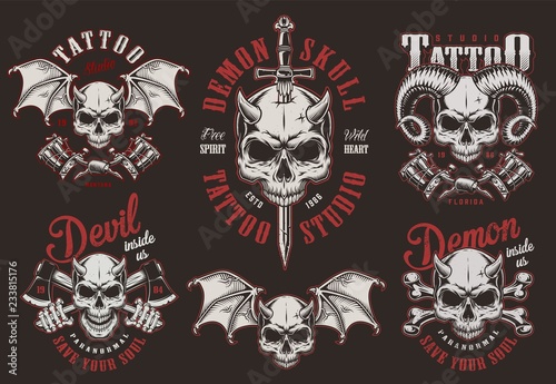 Vintage demon skull tattoo studio labels