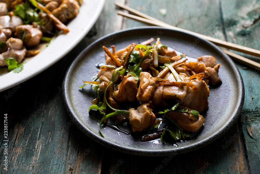 Close up of ginger soy sauce chicken served on plate Close up of ginger soy sauce chicken served on plate