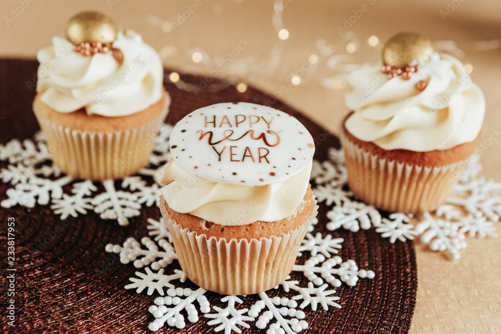 festive dessert cupcakes with new year decor festive dessert cupcakes with new year decor