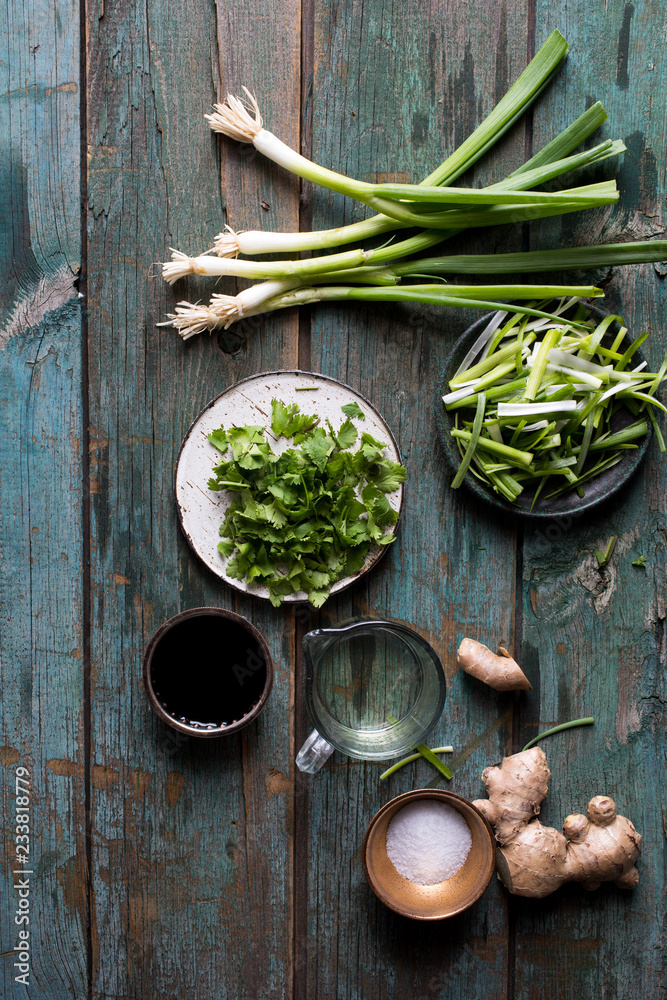 Overhead view of ingredients for ginger soy sauce chicken Overhead view of ingredients for ginger soy sauce chicken