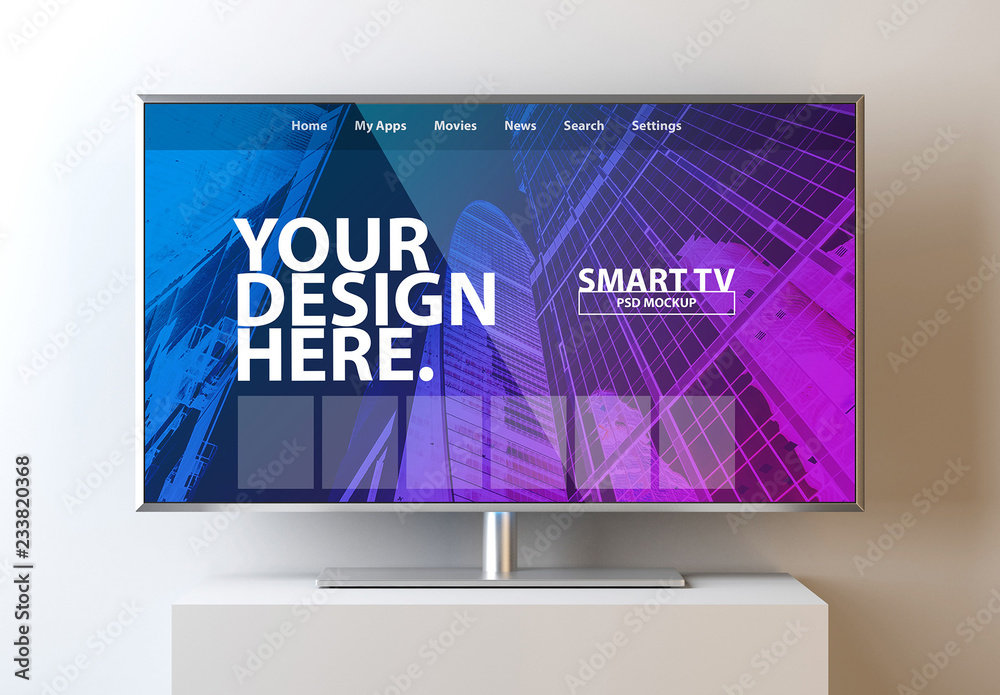 Smart TV on White Stand Mockup Stock Template | Adobe Stock