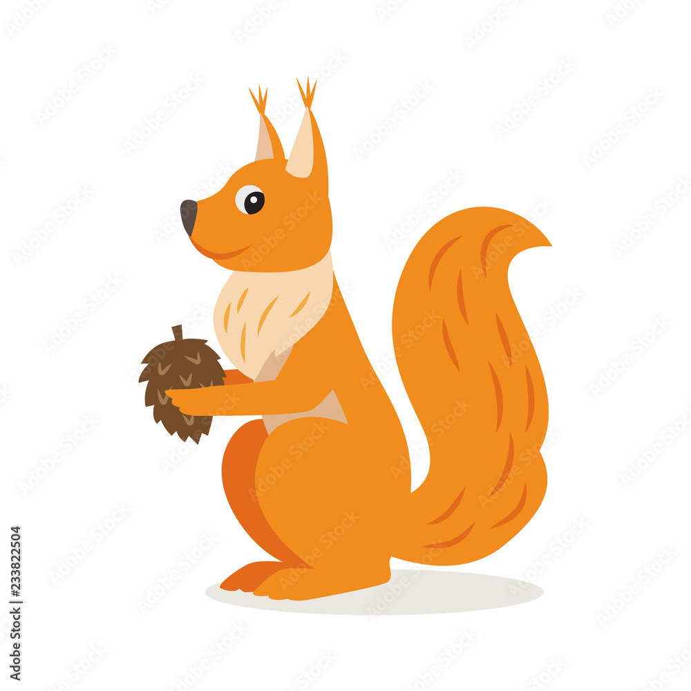 Icon of funny cute orange squirrel with cone isolated, forest, woodland animal, vector illustration for children book or decoration Icon of funny cute orange squirrel with cone isolated, forest, woodland animal, vector illustration for children book or decoration
