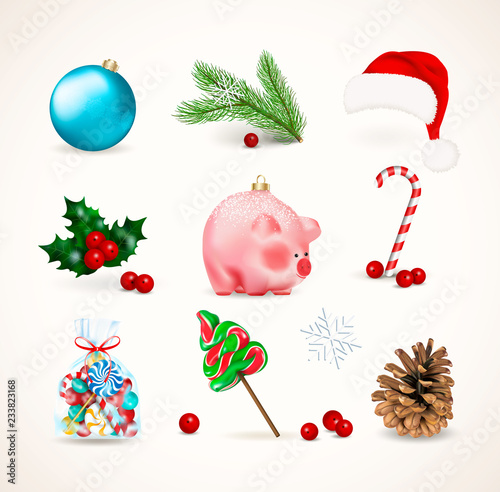 Winter holiday decor. Set of Christmas Bauble, cute pig a chinese new year symbol, pine branch and cone, mistletoe or holly with red berries, candies lollipop and cane. Realistic vector illustration