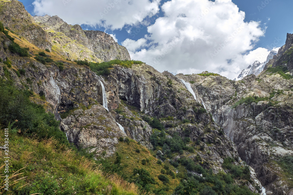 Small mountain waterfalls Georgia Svaneti and Ushba summit