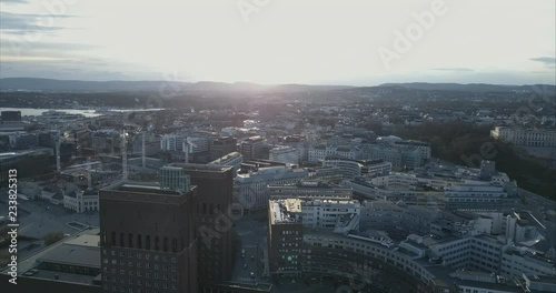 Aerial shot of Oslo City Hal, R√•dhuset and construction cranes in background, Norway photo