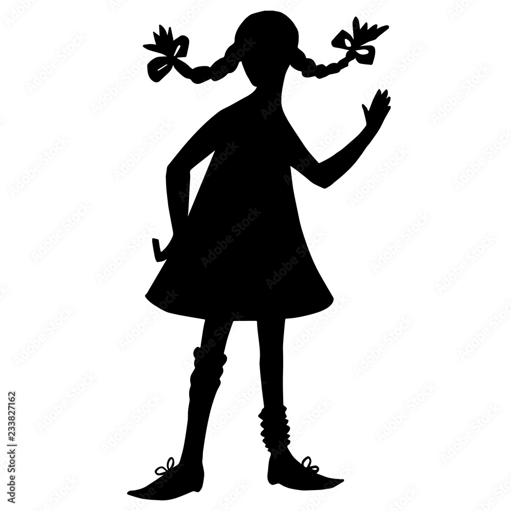 Girl silhouette. Black contour isolated on white background. Pigtails